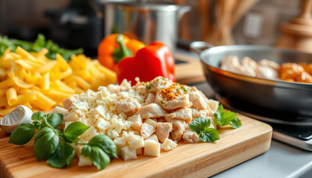 cheesy chicken pasta preparation