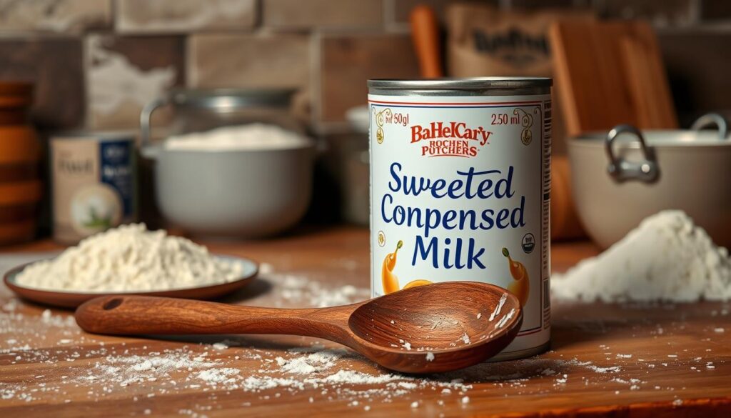 wooden spoon and sweetened condensed milk