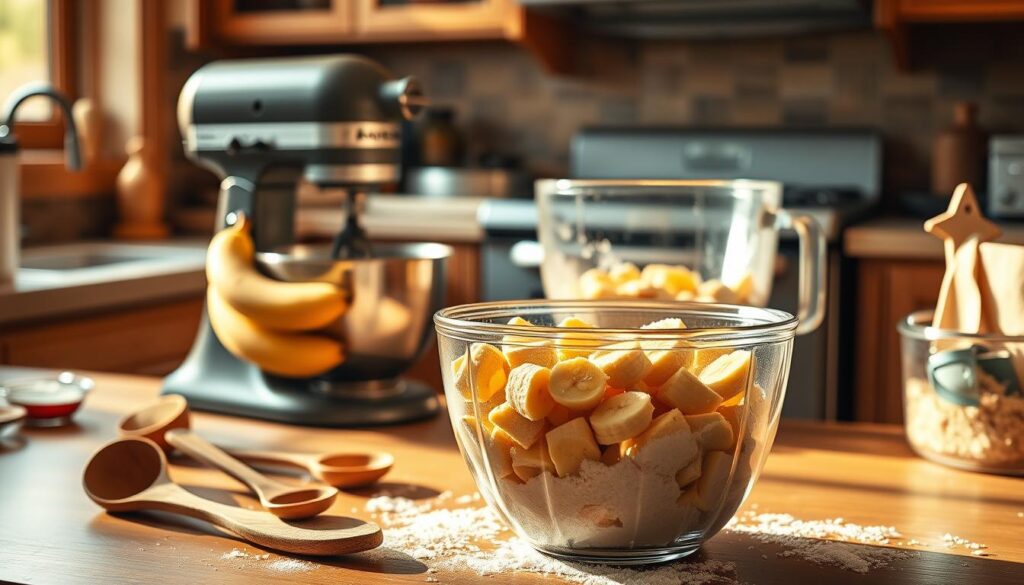 mixing banana bread ingredients