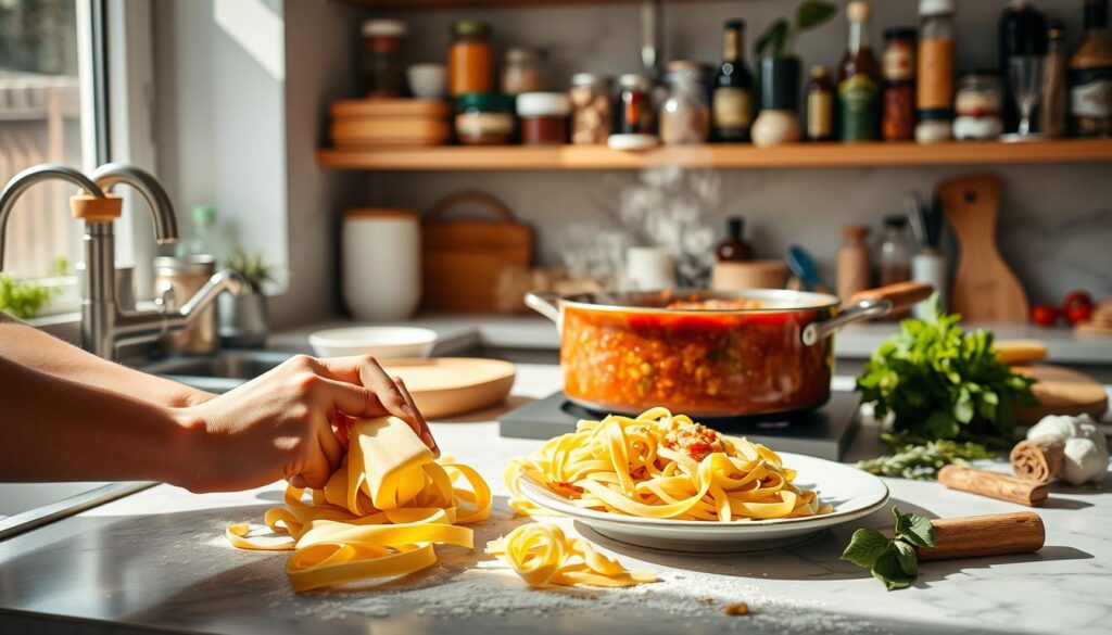 preparing pasta and sauce